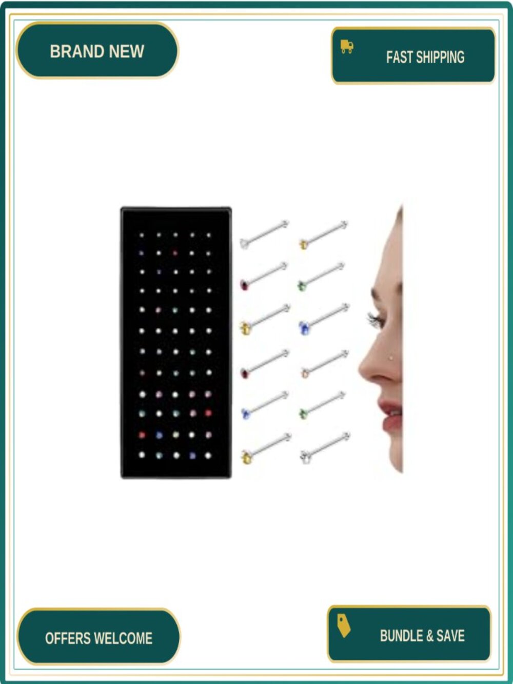 22G Straight L Shaped Nose Studs Piercing Set 60pcs Stainless Steel Crystal